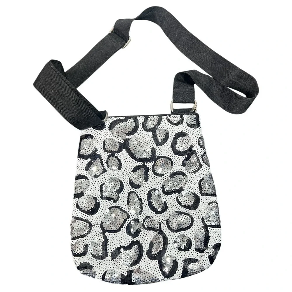 Sparkling Silver‎ Sequin Leopard Print Crossbody Bag Adjustable Strap Women's